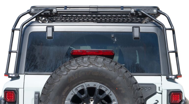 Rear view of the stealth platform rack by gobi mounted on ford bronco raptor edition
