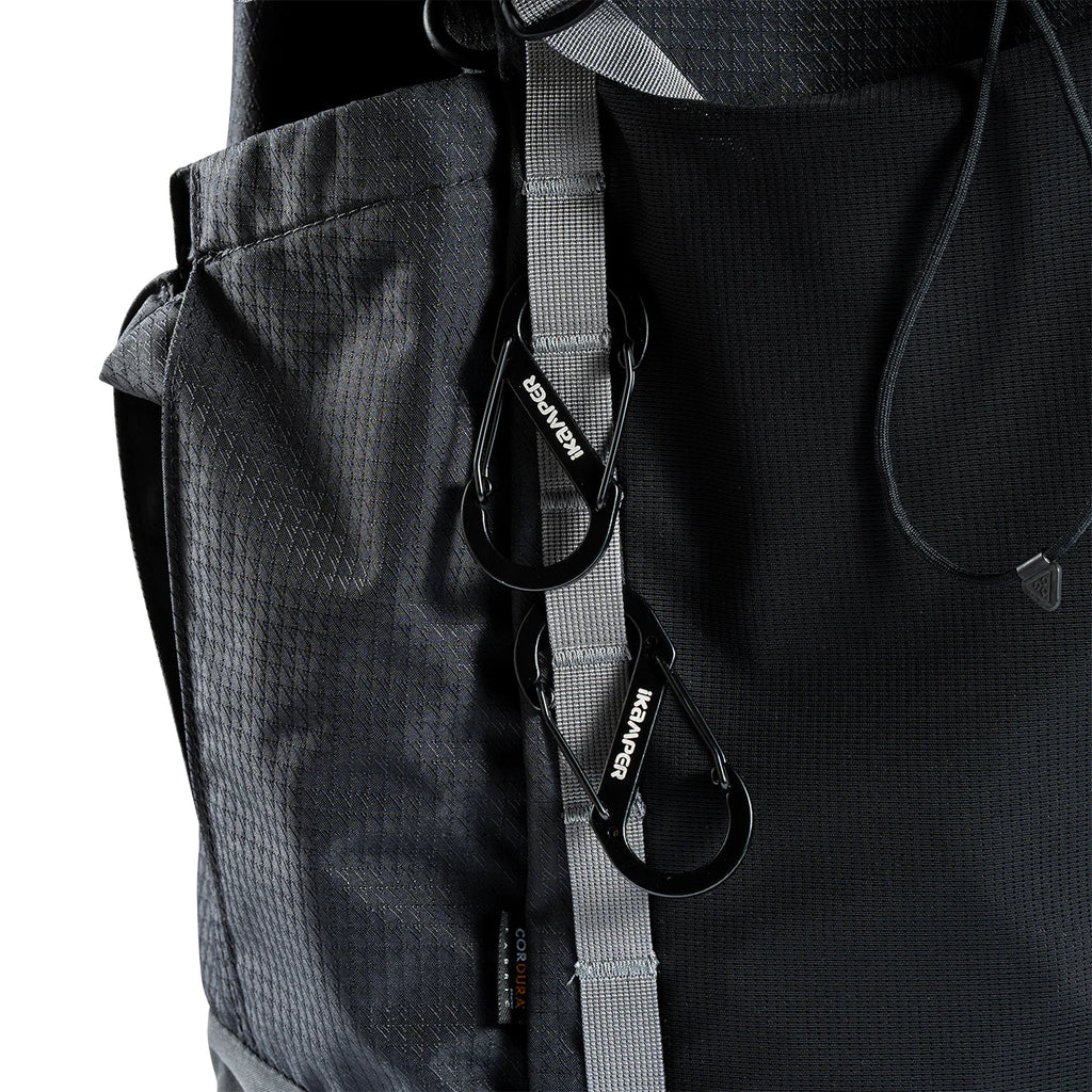 The carabiner set in practical use on a backpack