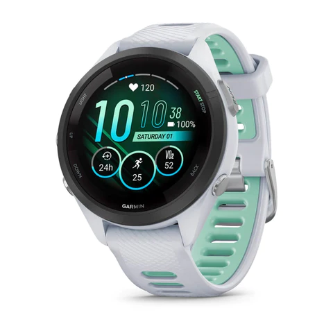 Garmin Forerunner 265s Black Bezel with Whitestone and Neotropic Silicone Band