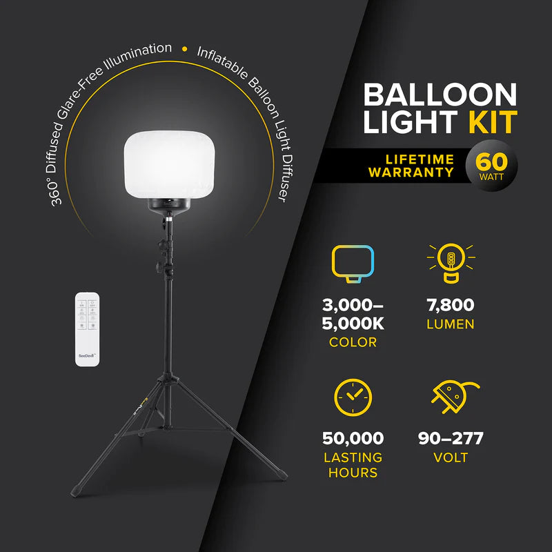 Image displaying the lifetime warranty and features of the seedevil 60 watt ballon light kit