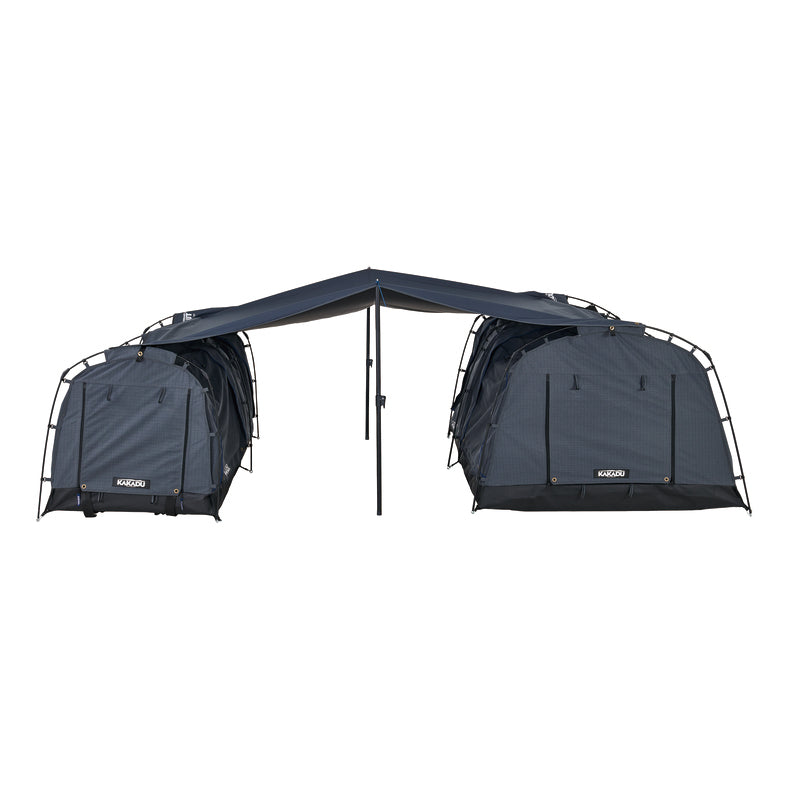 Front View Of 2 Swags Using The Kakadu Sundowner BlockOut Swag Awning