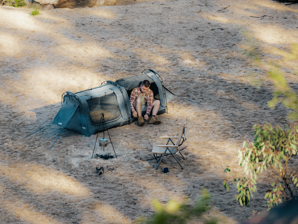 Person Sitting Inside The Kakadu Sundowner Swag Tent