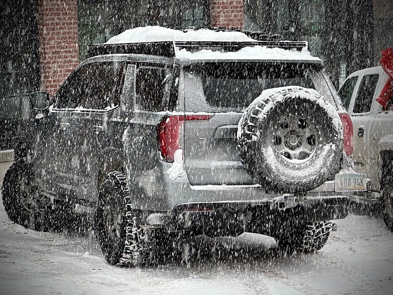 Back View Of The Mounted Westcott Designs Yukon & Tahoe Roof Rack In The Snow