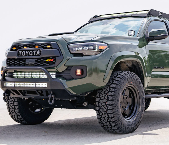Cali Raised LED Stealth Front Bumper Mounted on Toyota Tacoma
