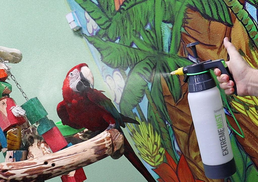 Image showing a red macaw bird being sprayed with the ExtremeMist  Bird Mister