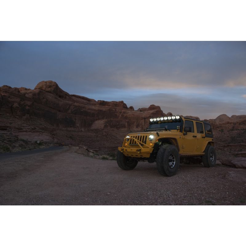 Mounted Gravity Pro6 LED with lights on Jeep Wrangler JK