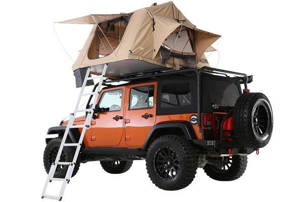 Smittybilt Overlander Roof Top Tent Side Deployed on a Jeep