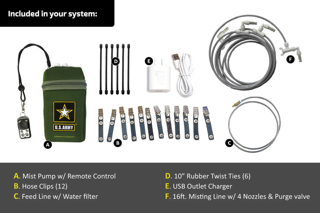 Image showing the contents of the army edition portable misting system from ExtremeMist