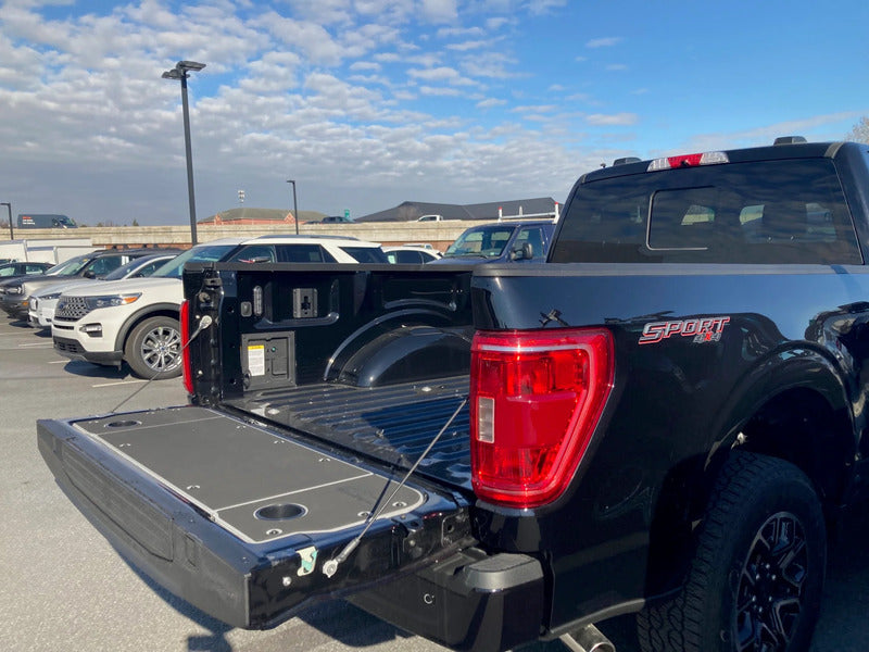 Side View Of The Installed BillieBars Tailgate Cover On A Ford Workbench