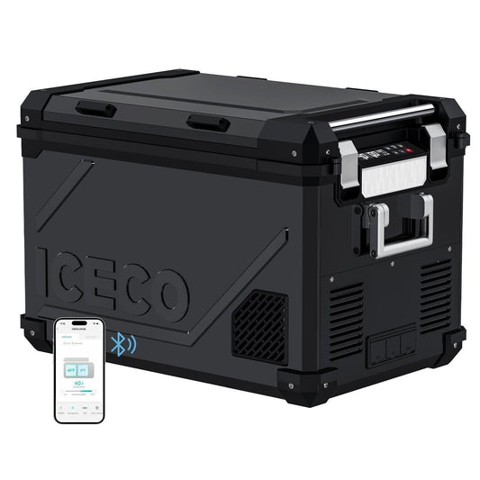 ICECO APL55 black dual zone 58QT portable freezer front angle