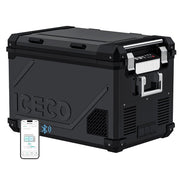 ICECO APL55 black dual zone 58QT portable freezer front angle