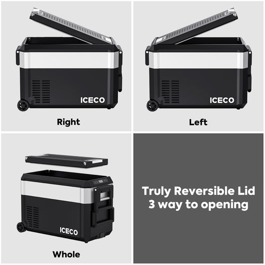 ICECO JP Pro dual zone silver wheeled car fridge front angle