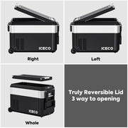 ICECO JP Pro dual zone silver wheeled car fridge front angle