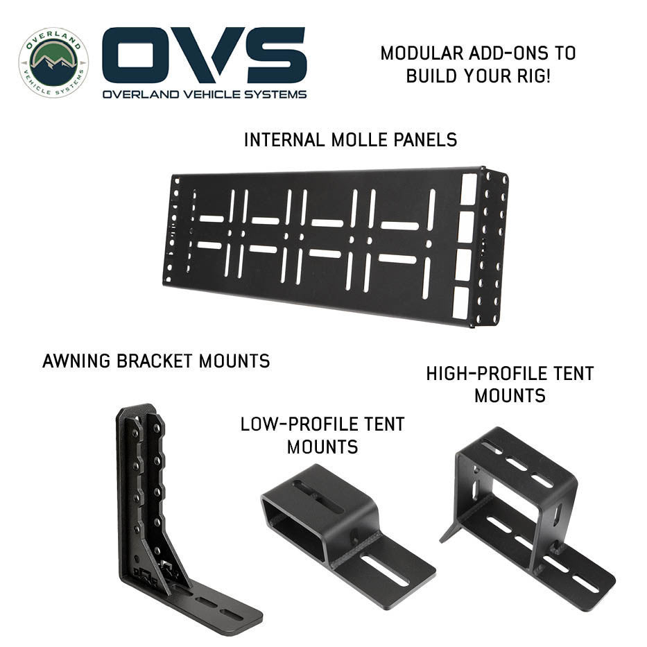 Ruff Rax 2009-2018 RAM 1500 5.7 ft bed rack accessories view showing optional awning mounts and tent riser bracket compatibility