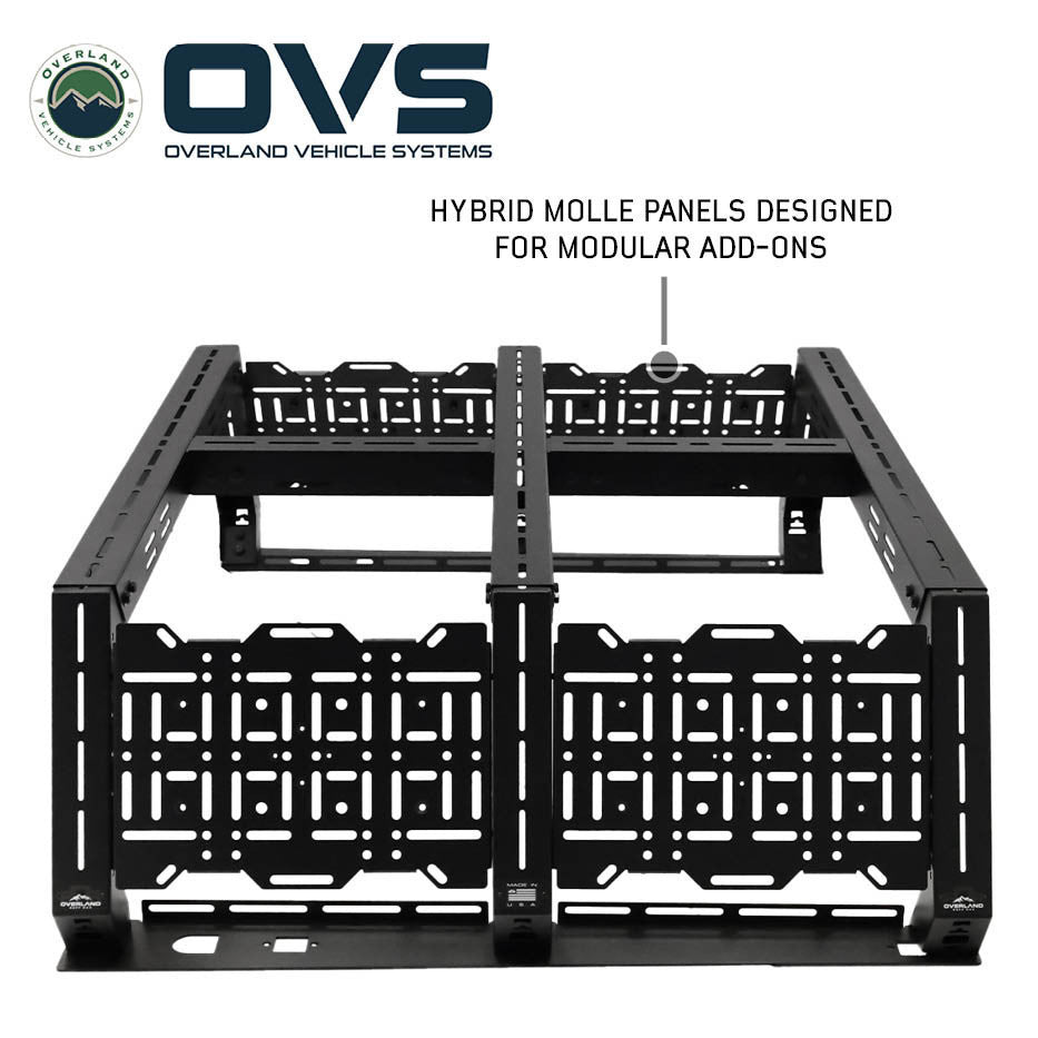 Ruff Rax Colorado Canyon modular bed rack side profile view showing carbon steel construction and dual-stage powder coat