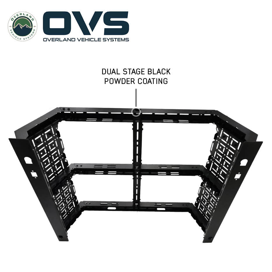 Ruff Rax Gladiator bed rack underside view showing external bed rail mounting system and hardware