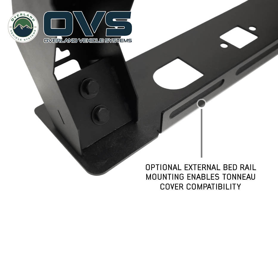 Ruff Rax 2007-2021 Toyota Tundra bed rack mount detail showing external bed rail clamp hardware and no-drill installation system