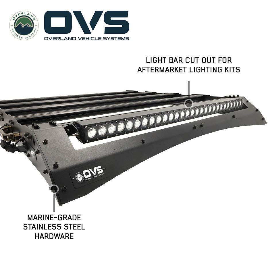 Ruff Rax 2007-2021 Toyota Tundra roof rack light bar view showing front crossbar mount and dual-stage black powder coat finish