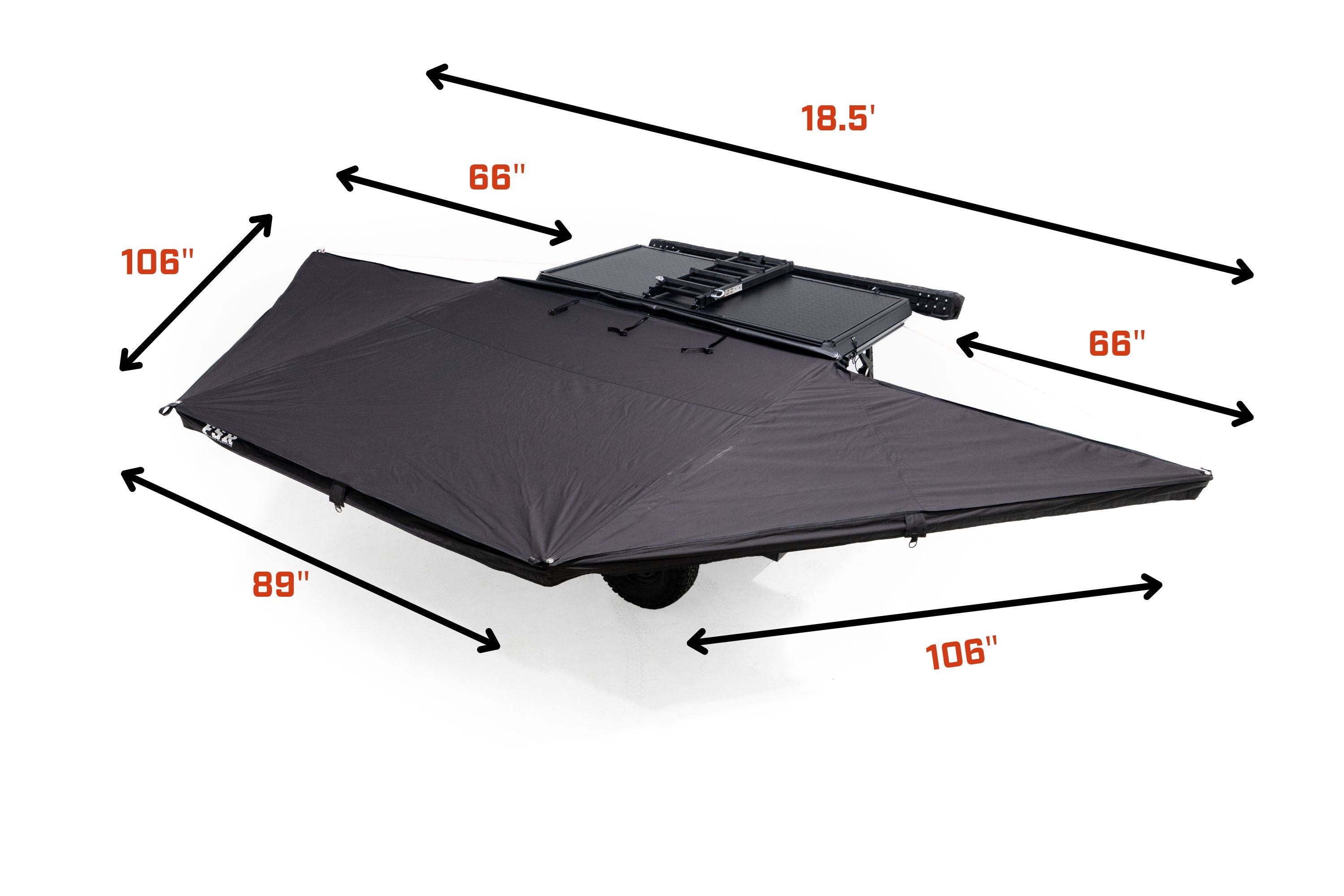 FSR 180 Awning V2 dimensions diagram showing 90.5 inch closed length and 7.5 foot arm extension
