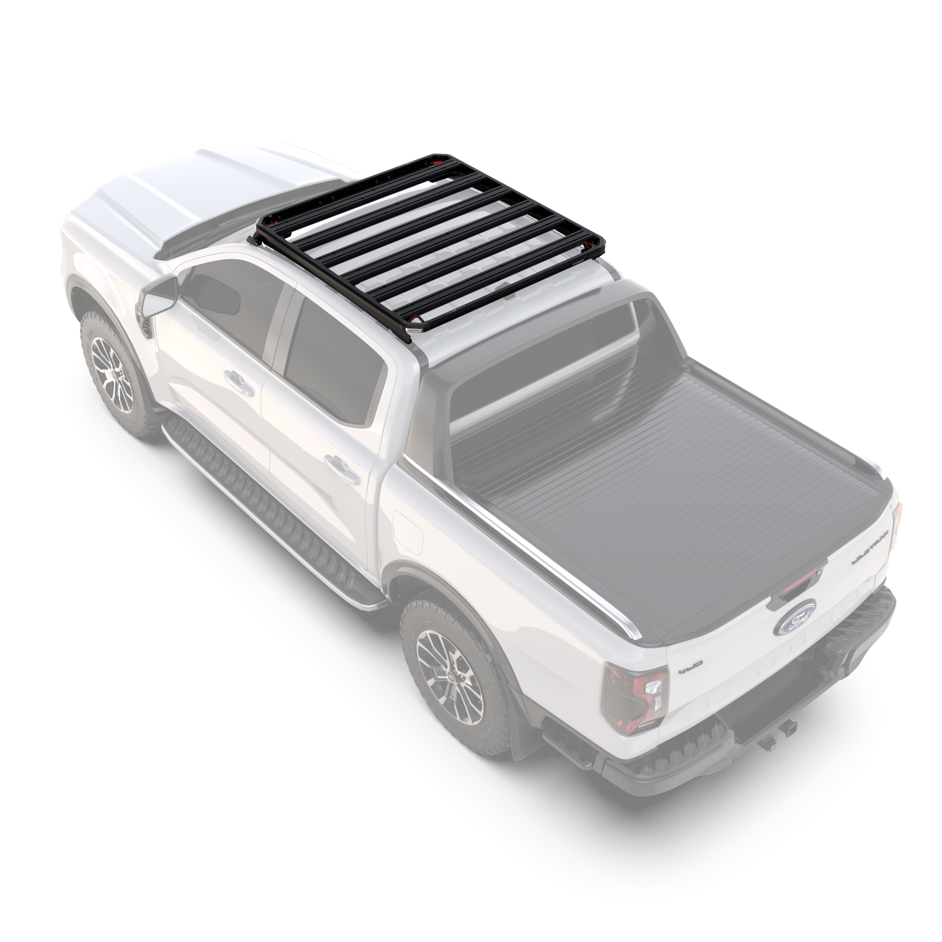 Front Runner Slimline 3 roof rack mounted on a Ford Ranger viewed from above showing slat layout