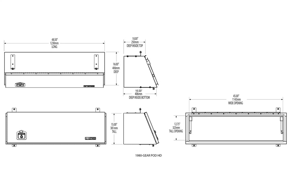 GearPOD HD technical drawing showing dimensions and 48 gallon storage