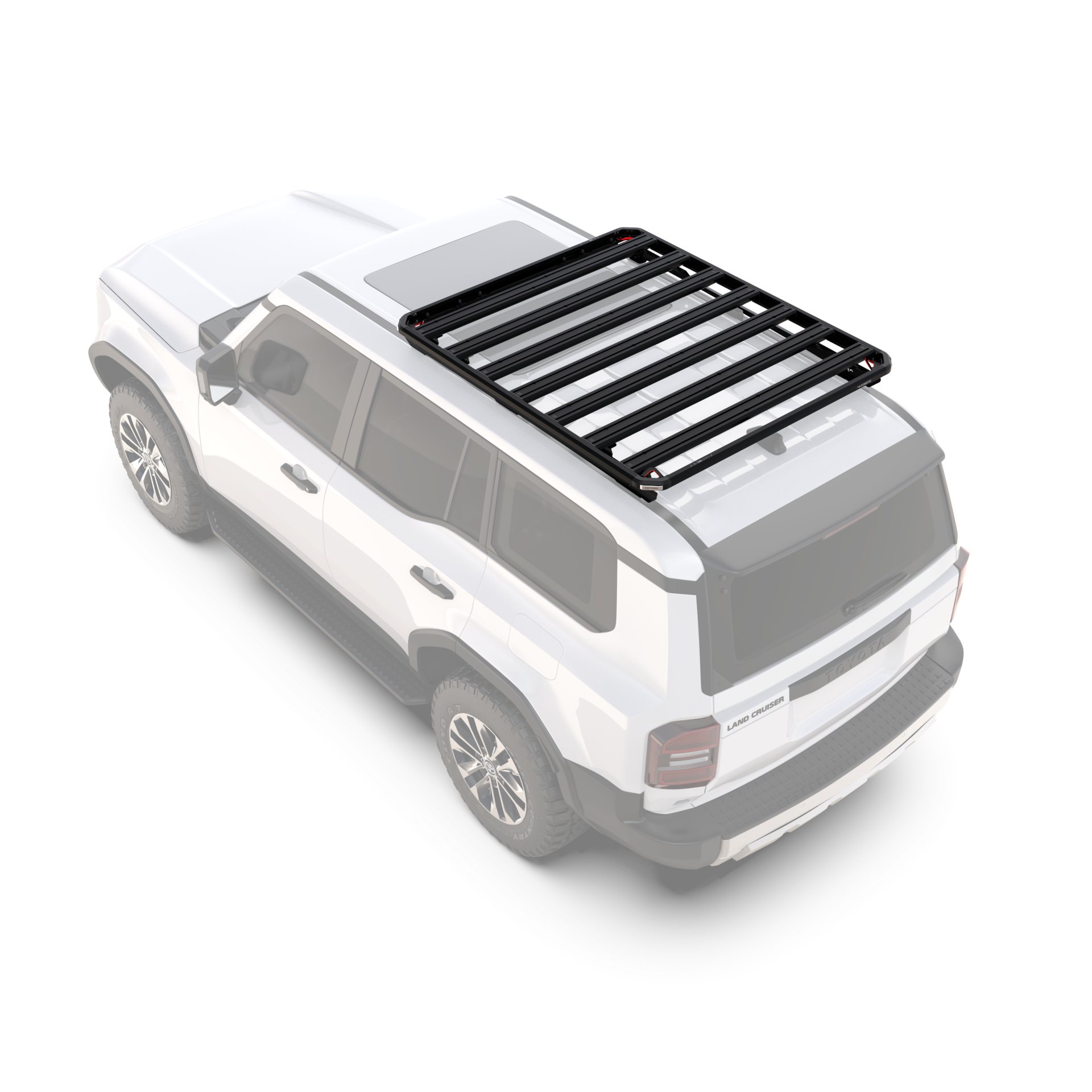Front Runner Slimline 3 three quarter roof rack on a Land Cruiser 250 Prado viewed from above showing the slat layout