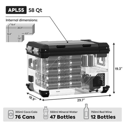 ICECO APL55 silver dual zone 58QT portable 12V aluminum freezer front view