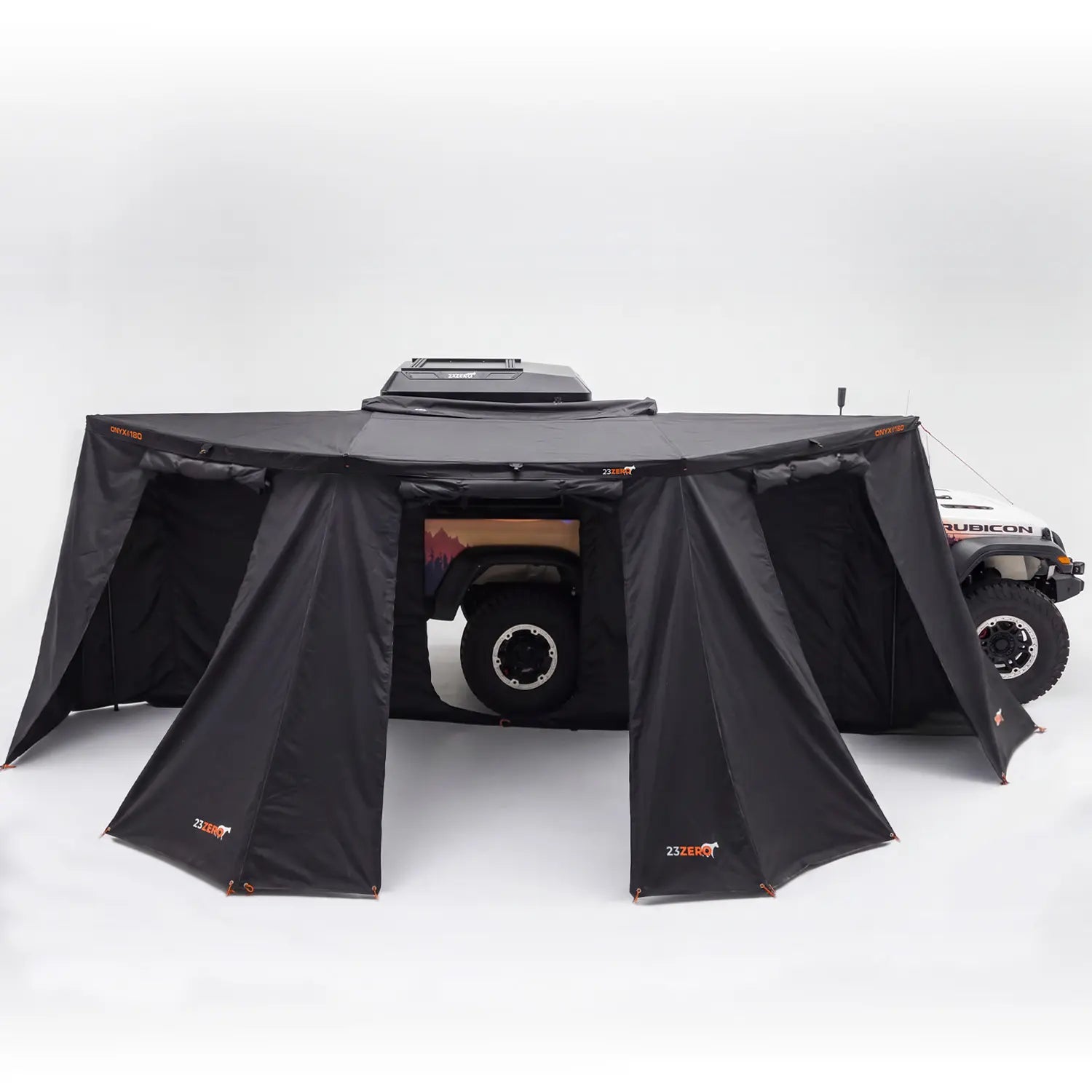 23Zero Onyx 180 awning wall kit fully installed creating an enclosed screened camp shelter