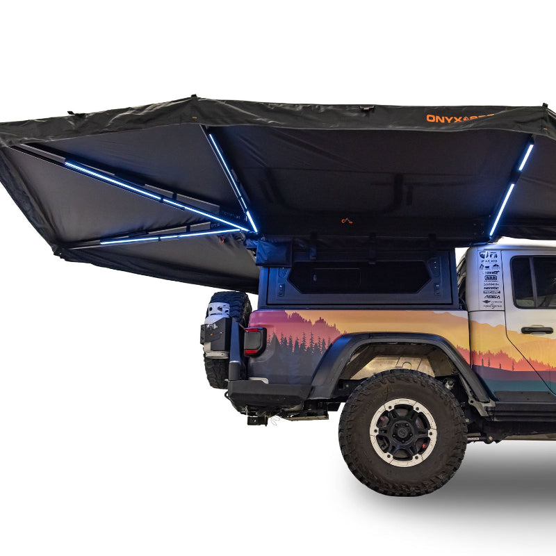 Onyx 270 freestanding vehicle awning rear side angle with integrated RGB LED lighting on
