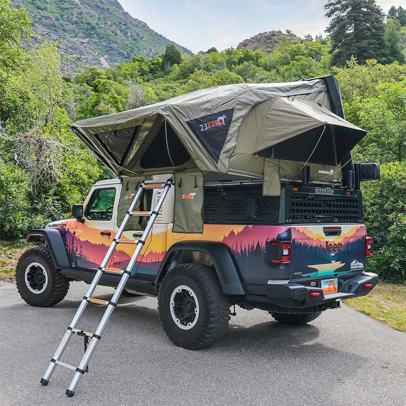 23Zero Armadillo A2 Roof Top Tent Open View In Jeep Gladiator