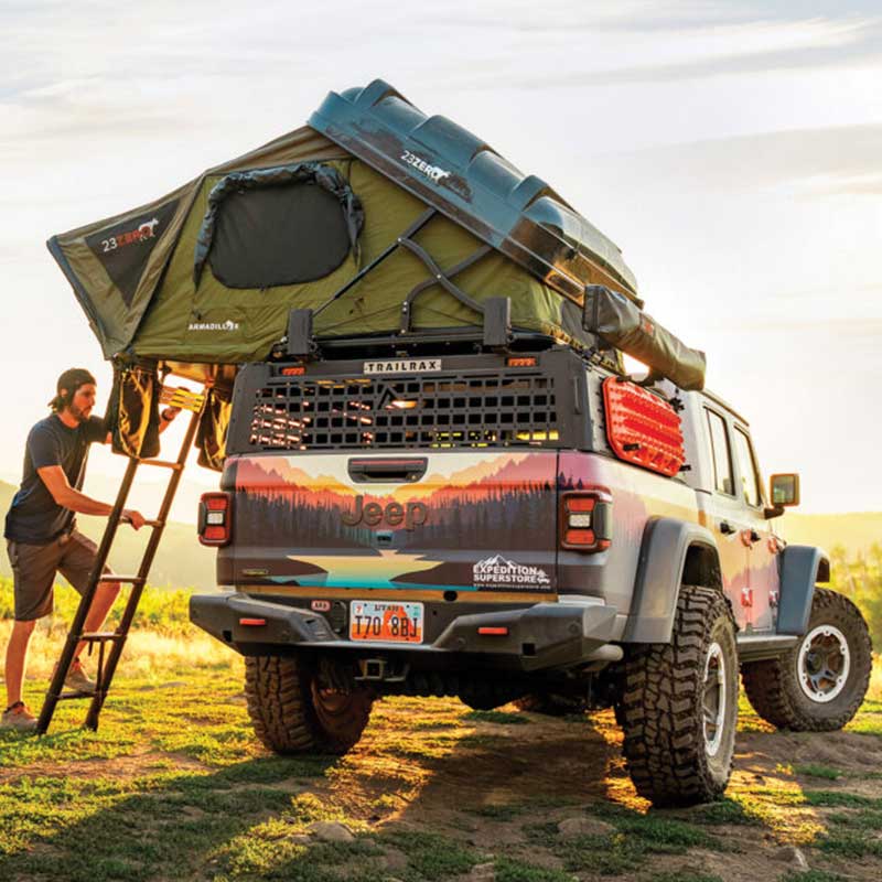 23Zero Armadillo X3 Hardshell Roof Top Tent Installed In Jeep Gladiator