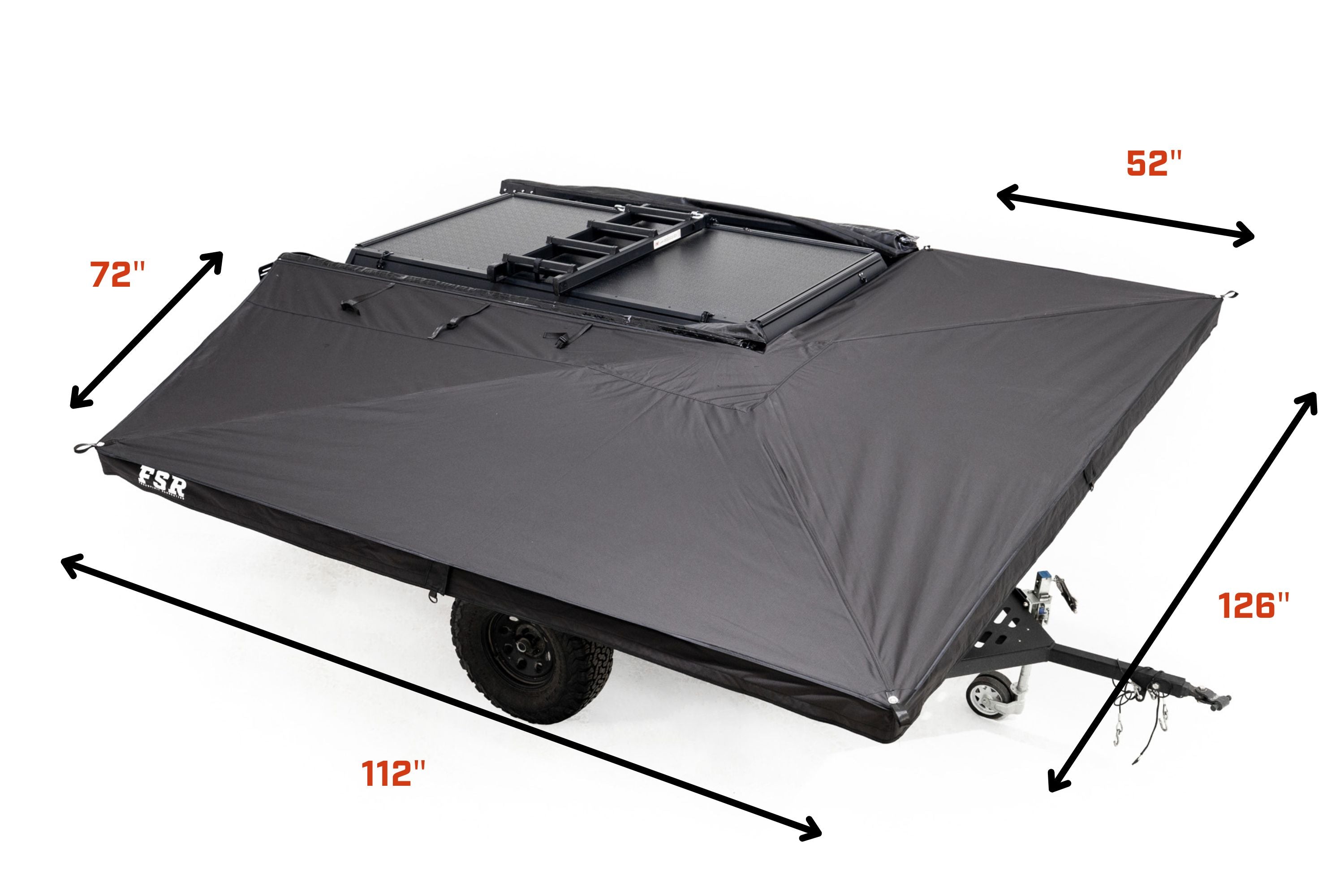 FSR 270 Awning V2 dimensions diagram showing 72 by 112 inch vehicle side and 52 by 126 inch rear coverage