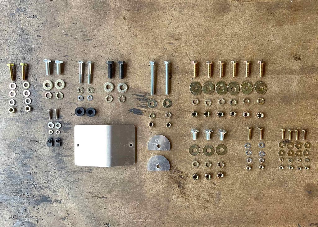 Installation hardware included with Backwoods Adventure Mods 2005-2023 2nd and 3rd Gen Toyota Tacoma Full Skid Plate Kit