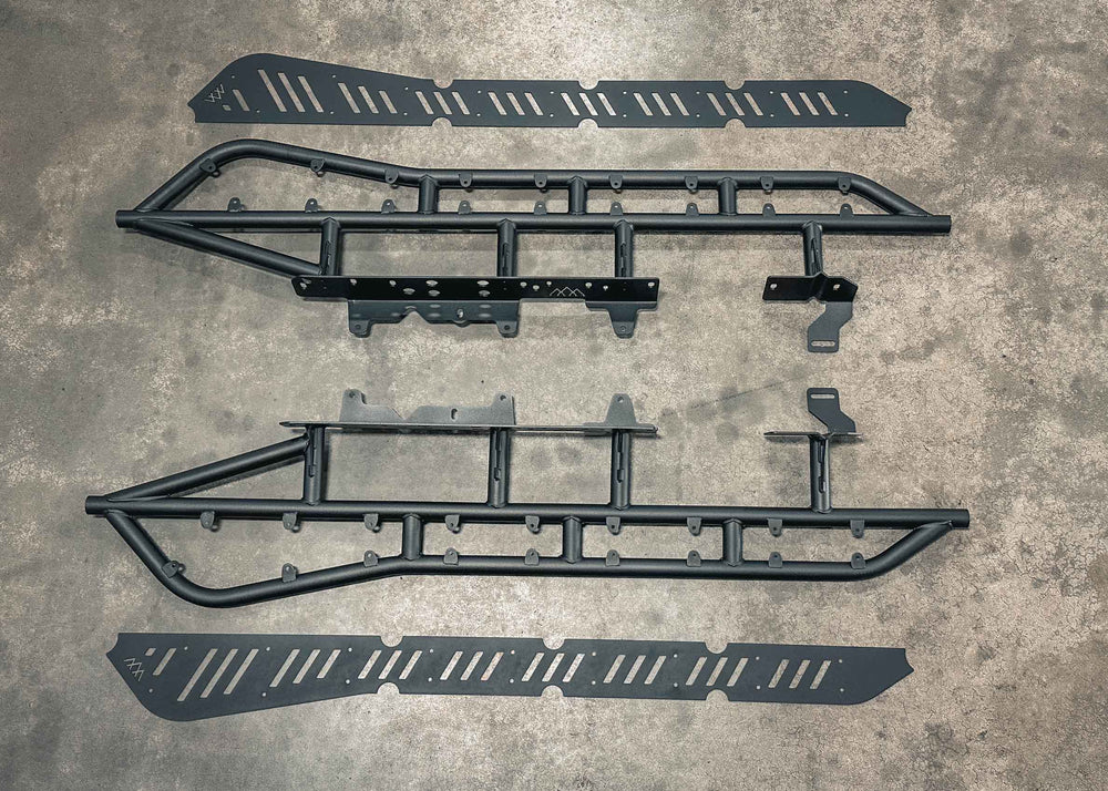 Installation components for the Backwoods Adventure Mods 2005-2023 2nd and 3rd Gen Toyota Tacoma Rock Sliders