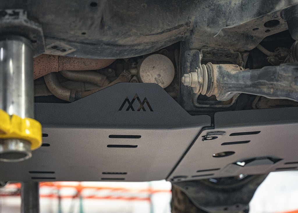 Close up of the transmission skid plate included with the Backwoods Adventure Mods Aluminum 2nd and 3rd Gen Toyota Tacoma Skid Plate Kit