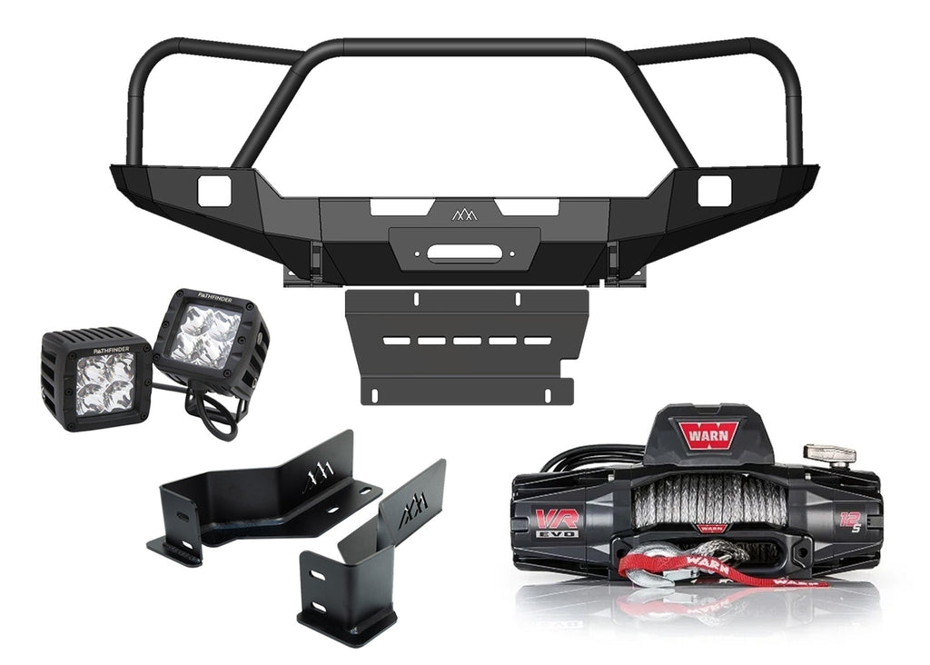 Backwoods Adventure Mods Off Road Front Bumper Kit for 3rd Gen 2016-2023 Toyota Tacoma including Hi-Lite Overland Front Bumper, Warn VR Evo Winch, and Pathfinder off road lights
