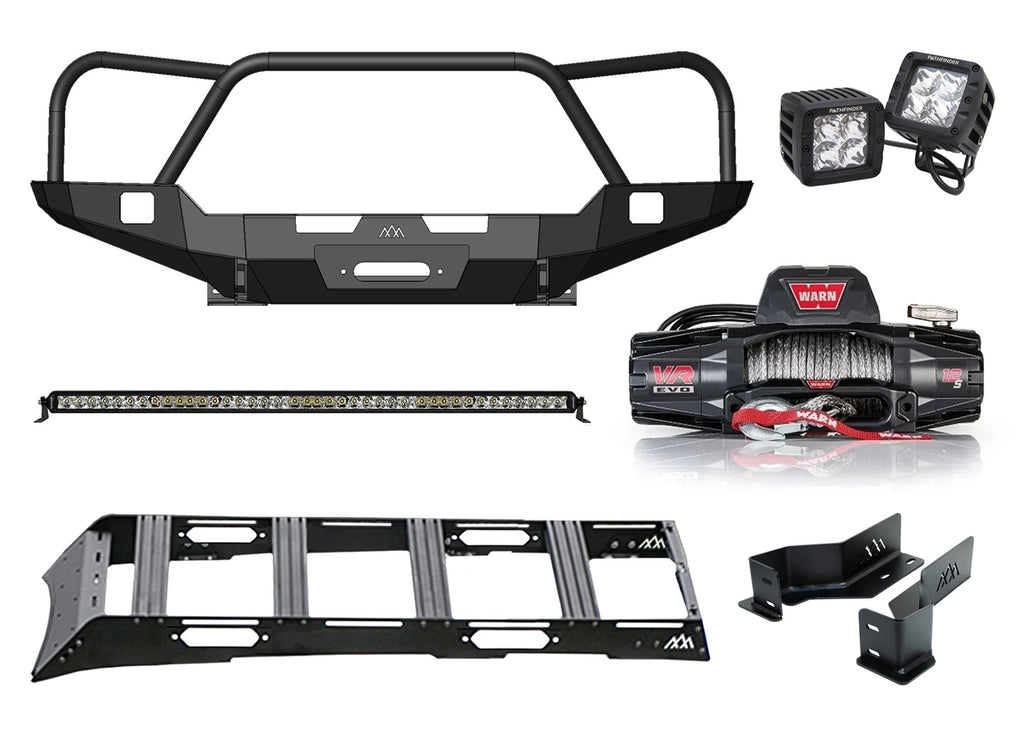 Backwoods Adventure Mods 3rd Gen Toyota Tacoma Essentials Off Road Kit bundle including Front Bumper, Warn VR Evo 12s Winch, DRIFTR roof rack, heavy-duty frame brackets, and Pathfinder Off Road Lights
