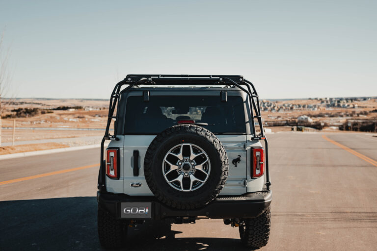 Image showing the rear view of the stealth rack by gobi mounted on the ford bronco hard top