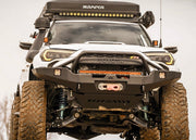 Backwoods Adventure Mods 2010-2024 Toyota 4Runner High-Clearance Prerunner Bull Bar Front Bumper on a white 5th Gen 4Runner Overland build