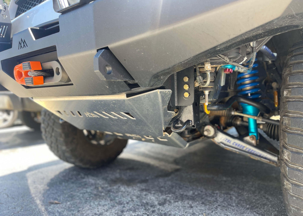 Close up of the front of the Backwoods Adventure Mods 5th Gen Toyota 4Runner (2010-2022) Aluminum Connector Skid Plate when installed