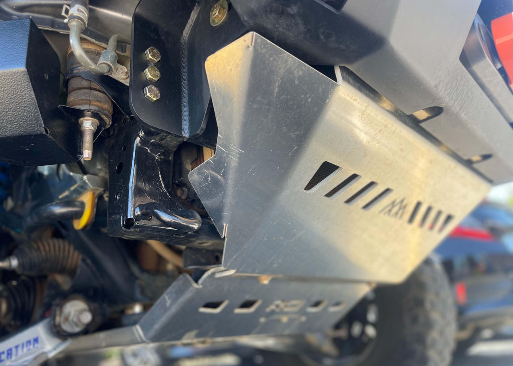 Close up of the mounting surface of the Backwoods Adventure Mods 5th Gen Toyota 4Runner (2010-2022) Aluminum Connector Skid Plate when installed