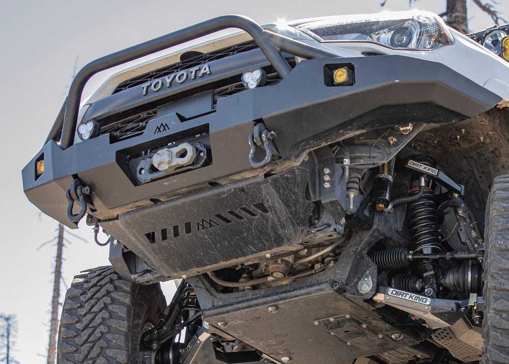 Backwoods Adventure Mods Aluminum Connector Skid Plate installed on a 5th Gen Toyota 4runner with a Hi-Lite Overland Off Road Front Bumper