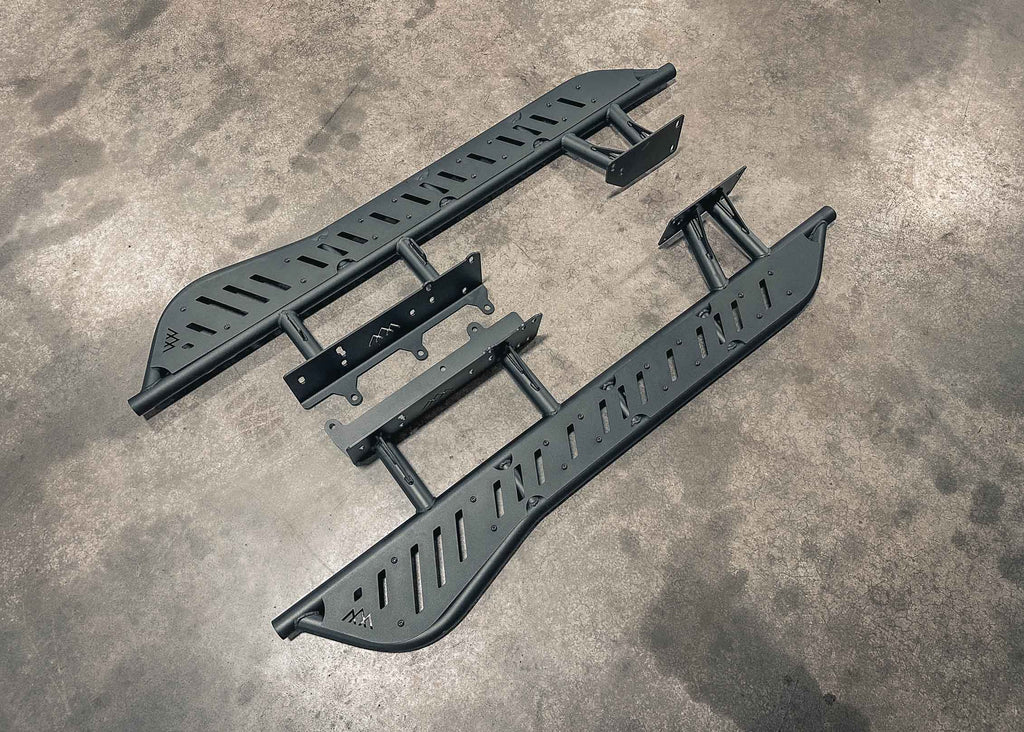 Image showing the mounting brackets of the Backwoods Adventure Mods 2010-2024 5th Gen Toyota 4Runner bolt-on Rock Sliders