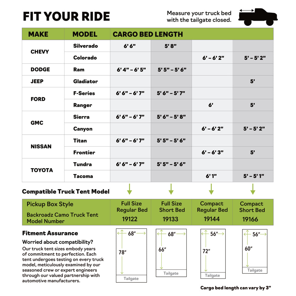 Napier Backroadz Camo Truck Tent Sizing