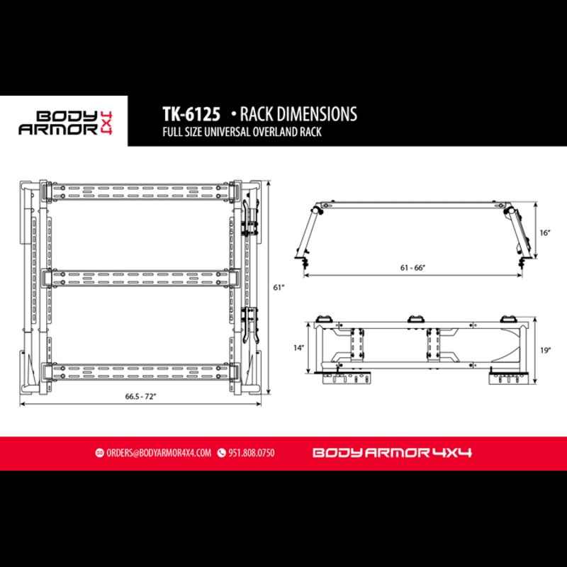 Image showing the specifications of the universal full size rack from body armor 4x4