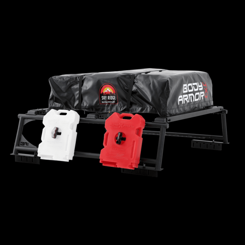 Body armor 4x4 universal rack with a rooftop tent and rotopax panels installed