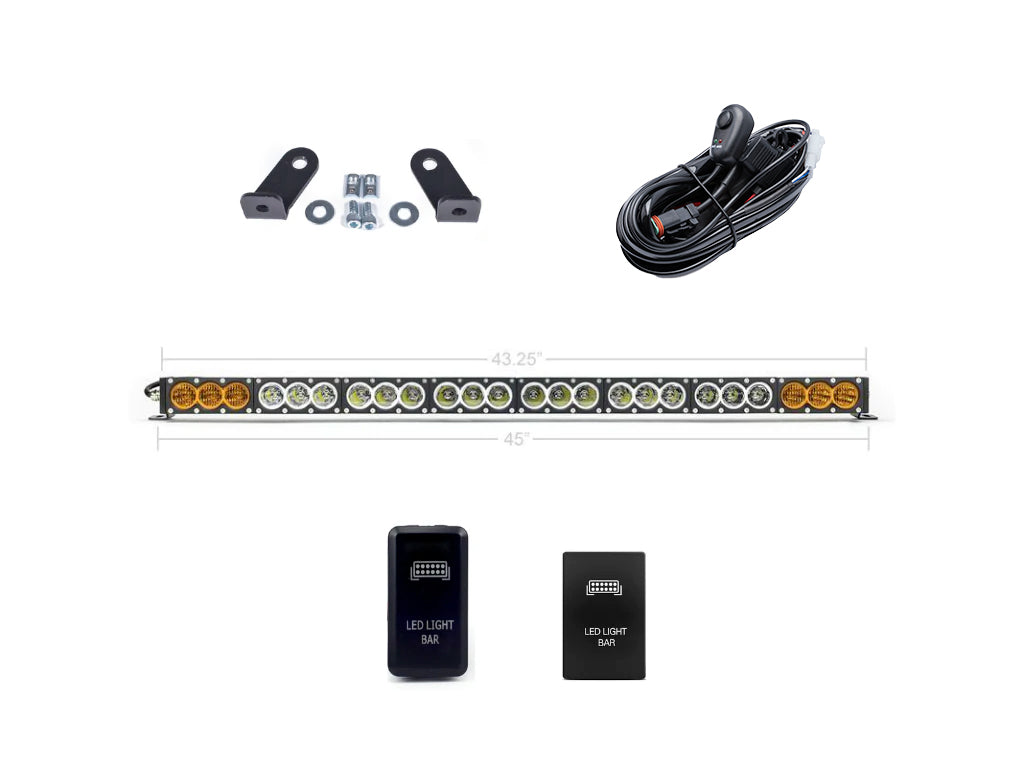 Cali Raised LED dual function light bar Prinsu mounting bracket kit contents laid out