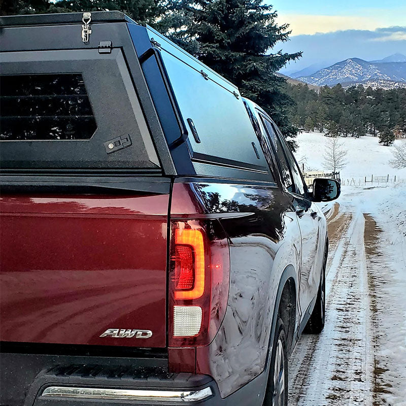 GAIA Campers Honda Ridgeline Truck Cap - 2017+ back and side detail view