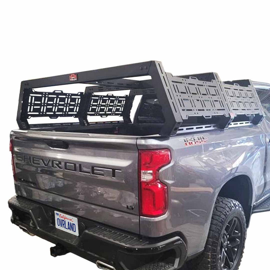 Ruff Rax 2014-2019 Chevy Silverado GMC Sierra 1500 5.7 ft bed rack three-quarter view showing full carbon steel modular platform