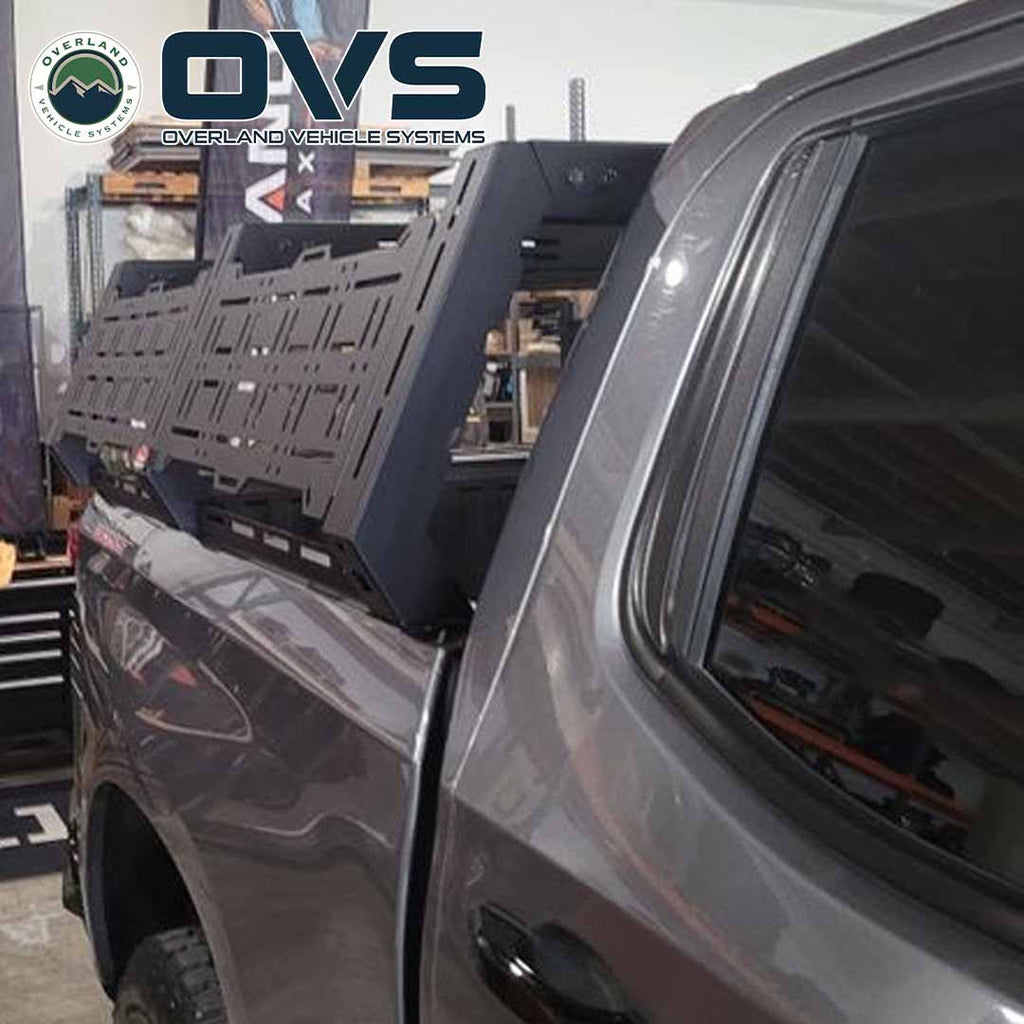Ruff Rax Silverado Sierra 1500 bed rack three-quarter studio view showing full carbon steel platform